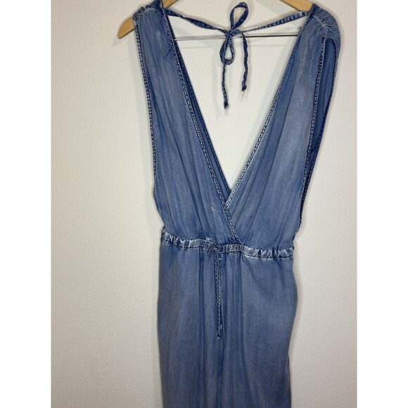 Mazik Jumpsuit Womens M Blue Chambray Sleeveless Wrap Front Tie Neck Boho Beachy - Picture 3 of 12